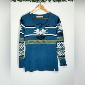 Woolrich Southwestern Sweater Womens Small Blue Pullover Tunic V Neck